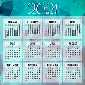 Abstract vector calendar for 2021 year  Week starts from sunday