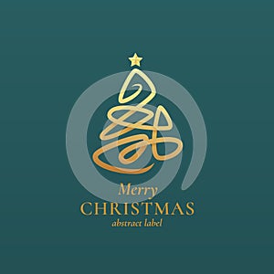 Abstract Vector Christmas Tree Sign, Emblem or Logo Template. Golden Maze Shape with Star and Retro Typography. Premium