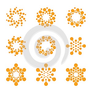 Abstract vector circle logotype. Orange unusual chemistry logos set. Virus icon. Orange sunny sun. Flower.