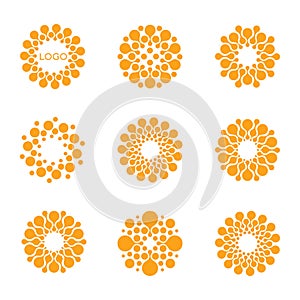 Abstract vector circle logotype. Orange unusual chemistry logos set. Virus icon. Orange sunny sun. Flower.