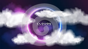 Abstract vector cloud minimal background with pink blue neon light round frame with white clouds, glowing geometric shape in sky.