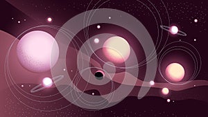 Abstract vector cosmic banner with planets and sattelites in the sky.