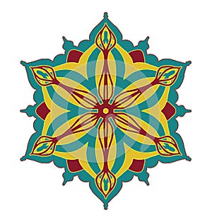 Abstract vector design element, flower shape symmetrical pattern in pretty red blue and yellow color combination
