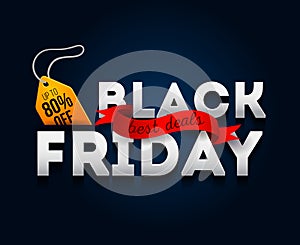 Black friday sale banner on dark blue background with yellow price tag.