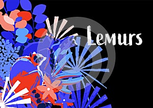 Abstract vector design of three wild lemurs sitting on the hibiscus flowers