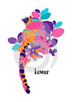 Abstract vector design with wild lemur among the exotic plants.