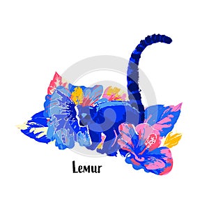 Abstract vector design of wild lemur among the hibiscus flowers.