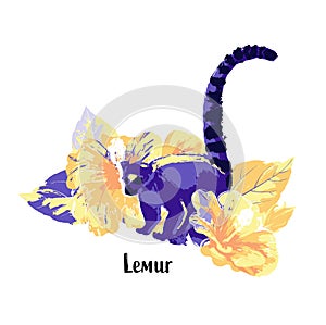 Abstract vector design of wild lemur among the hibiscus flowers.