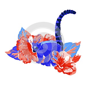 Abstract vector design of wild lemur among the hibiscus flowers.