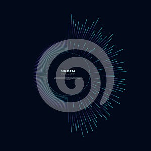 Abstract vector explosion colorful lines equalizer isolated circular element background. Big data algorithms visualization.