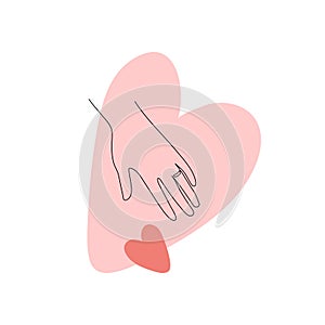 Abstract vector flat one line art illustration. Continous line human hand take heart love symbol silhouette on colorful pink