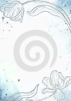 Abstract vector floral watercolor template in A4 size. Vertical watercolor empty design in blue colors with tulps