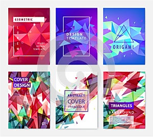 Abstract vector geometric facet compositions. Text frame surface, a4 triangular brochure cover design set. Title sheet