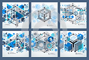 Abstract vector geometric isometric blue backgrounds set. Mechanical scheme, vector engineering drawing with cube and geometric m