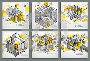 Abstract vector geometric isometric yellow backgrounds set. Mechanical scheme, vector engineering drawing with cube and geometric