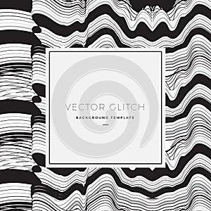 Abstract Vector Glitch Background, Card or Banner. Black and White Distorted Curved Lines. Dynamic Backdrop and Modern