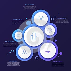 Abstract vector gradient minimalistic infographic template composed of 6 circles