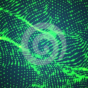 Abstract vector green wave mesh background. Point cloud array. Chaotic light waves. Technological cyberspace background.