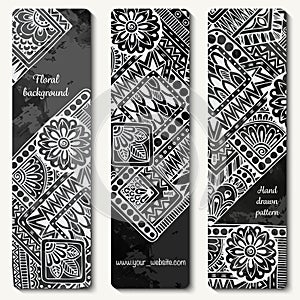 Abstract vector hand drawn doodle floral pattern card set. Series of image Template frame design for card