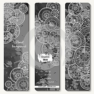 Abstract vector hand drawn doodle floral pattern card set. Series of image Template frame design for card. Black and white.