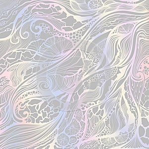 Abstract vector hand drawn leaf doodle pattern with holographic gradient background.