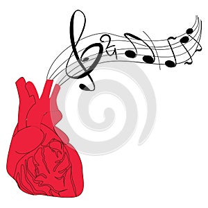 Abstract vector heart that above continues into musical lines and notes.