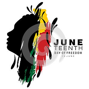 Abstract vector illustration of a black face with cornrow hairstyle on brush strokes with the text Day of Freedom for Juneteenth o photo