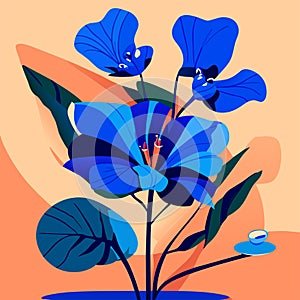 Abstract vector illustration with blue flowers in a vase on a orange background AI generated