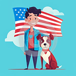 Abstract vector illustration with a boy and his dog representing the independence day on 4th July. Independence day celebrations