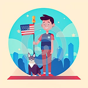 Abstract vector illustration with a boy and his dog representing the independence day on 4th July. Independence day celebrations