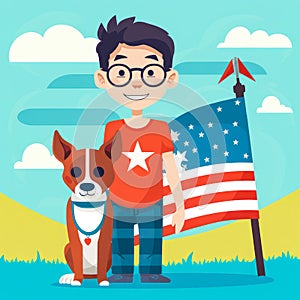 Abstract vector illustration with a boy and his dog representing the independence day on 4th July. Independence day celebrations
