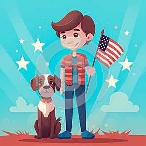 Abstract vector illustration with a boy and his dog representing the independence day on 4th July. Independence day celebrations