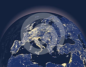 Abstract vector illustration of Earth city lights globe with close up of Europe continent