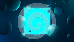 Abstract vector illustration with glowing blue square on dark background, neon lighting with reflex on spheres, futuristic