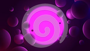 Abstract vector illustration with glowing purple circle on dark background, neon lighting with reflex on spheres, futuristic