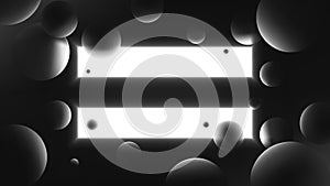 Abstract vector illustration with glowing white rectangles on dark background, neon lighting with reflex on spheres, futuristic