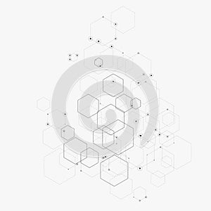 Abstract vector illustration with hexagons, lines and dots on white background. Hexagon infographic. Digital technology