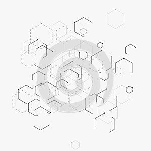 Abstract vector illustration with hexagons, lines and dots on white background. Hexagon infographic. Digital technology