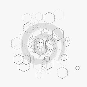 Abstract vector illustration with hexagons and lines on white background. Hexagon infographic. Digital technology, science concept