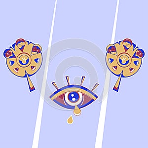 Abstract vector illustration imaging eye with two tear drops and two geometric forms as flowers painted in red, blue and yellow