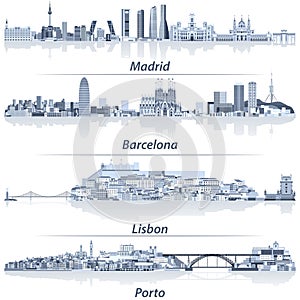 Abstract vector illustration of Madrid, Barcelona, Lisbon and Porto city skylines in light blue color palette with water reflectio