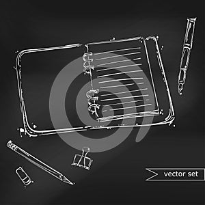 Abstract vector illustration with a notebook, pen, pencil, eraser and paper clips