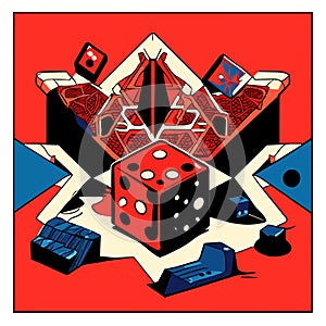 Abstract vector illustration of playing cards, dice and chips in red and blue colors Generative AI