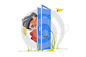 Abstract vector illustration of woman opening door for unsubscribe.