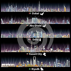 Abstract vector illustrations of Dubai, Abu Dhabi, Doha, Riyadh and Kuwait city skylines at night