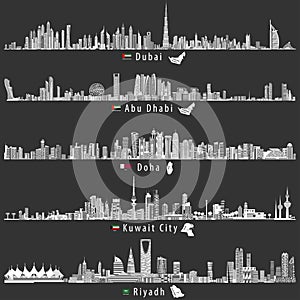 Abstract vector illustrations of Dubai, Abu Dhabi, Doha, Riyadh and Kuwait city skylines at night in grey scales color palette