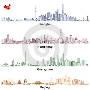 Abstract vector illustrations of Shanghai, Hong Kong, Guangzhou and Beijing skylines with China map