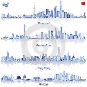 Abstract vector illustrations of Shanghai, Hong Kong, Guangzhou and Beijing skylines with map and flag of China