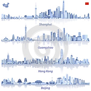 Abstract vector illustrations of Shanghai, Hong Kong, Guangzhou and Beijing skylines with map and flag of China photo