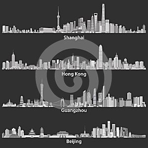 Abstract vector illustrations of Shanghai, Hong Kong, Guangzhou and Beijing skylines at night